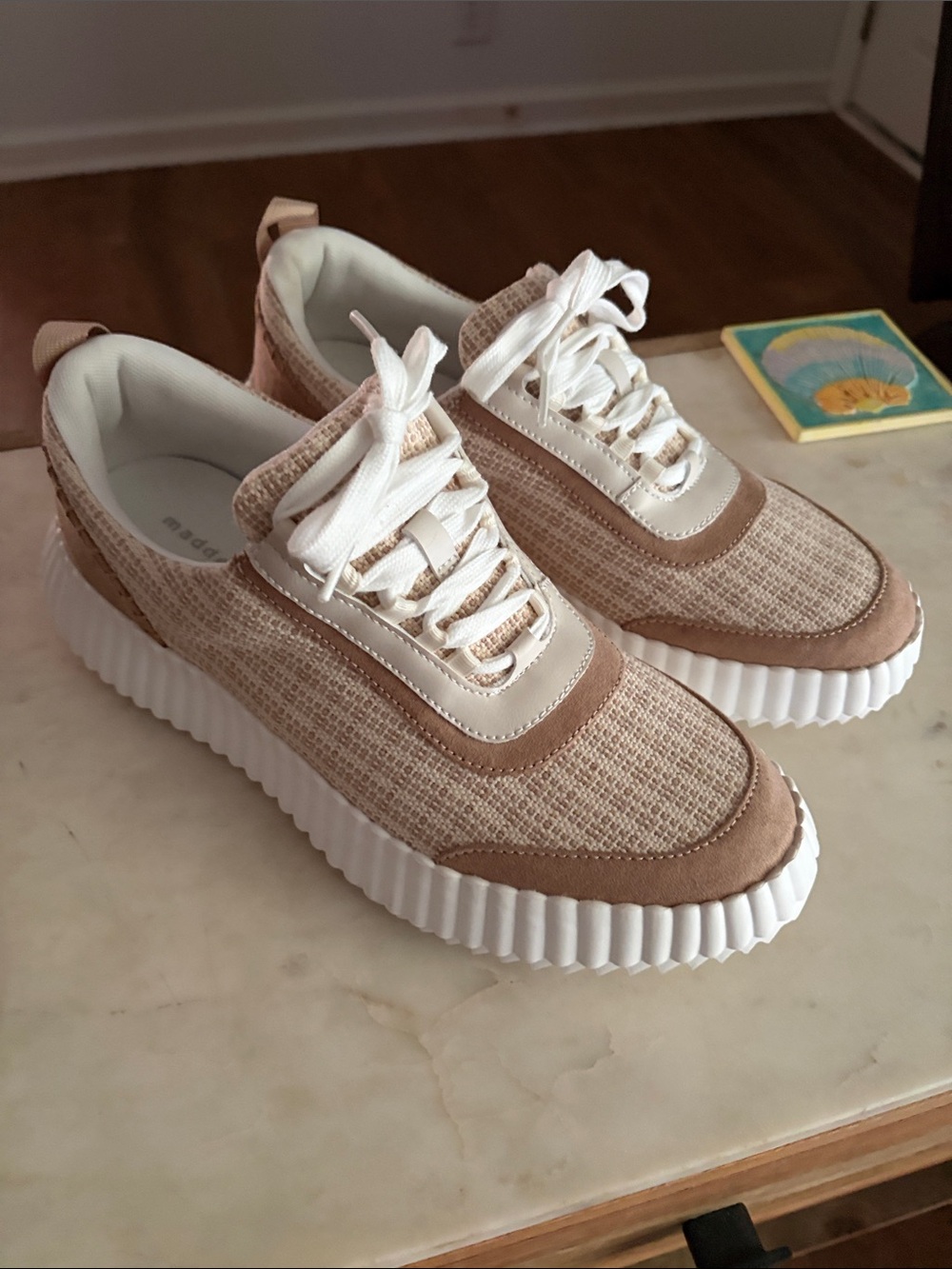 Madden Girl Beige and White Woven-Texture Platform Sneakers